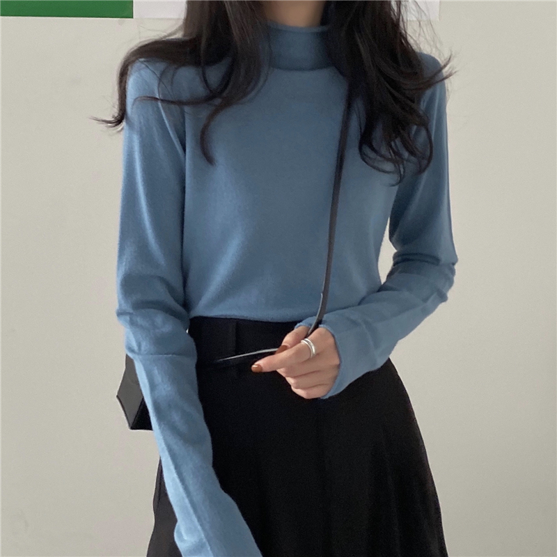 Real shooting real price core spun yarn personalized crimping knitted half high neck Pullover bottomed sweater women's sweater