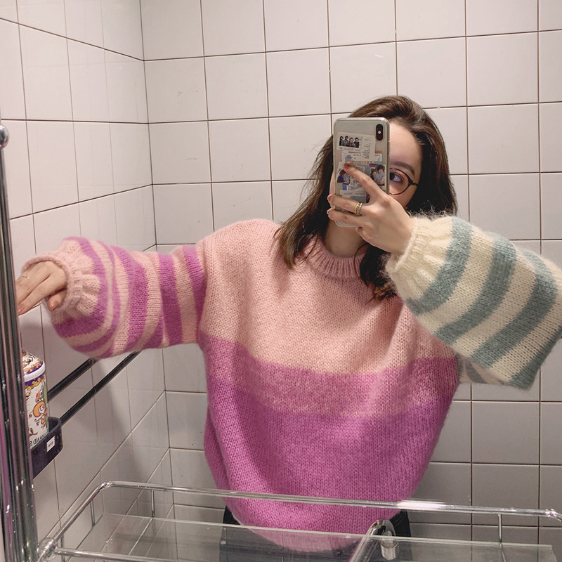 Sweater 2021 new female lazy wind first love rainbow Mohair striped sweater