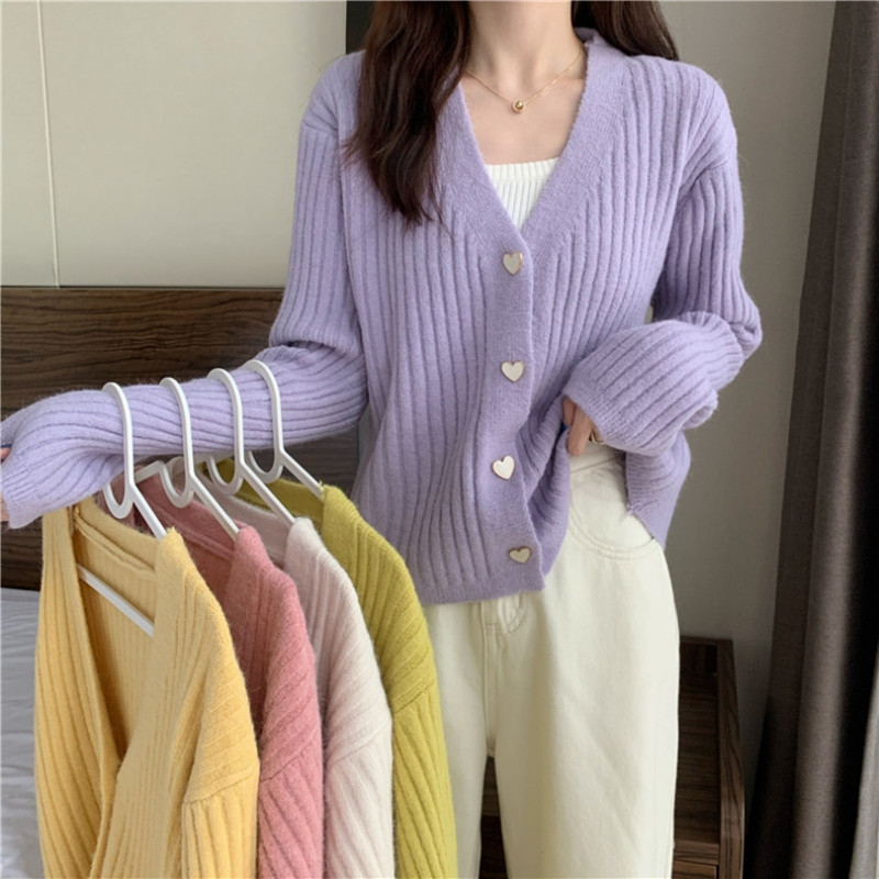 2021 new autumn knitted cardigan long sleeve love button sweater short female lazy knitted cardigan coat