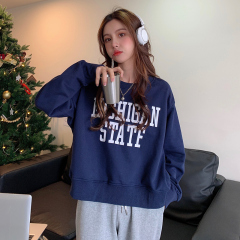 Real photo 2021 spring Korean loose cotton round neck letter print top large women's thin sweater