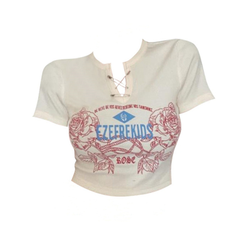 Official picture Cotton-like rib 90% polyester 10% spandex American retro hot girl short T-shirt design sense