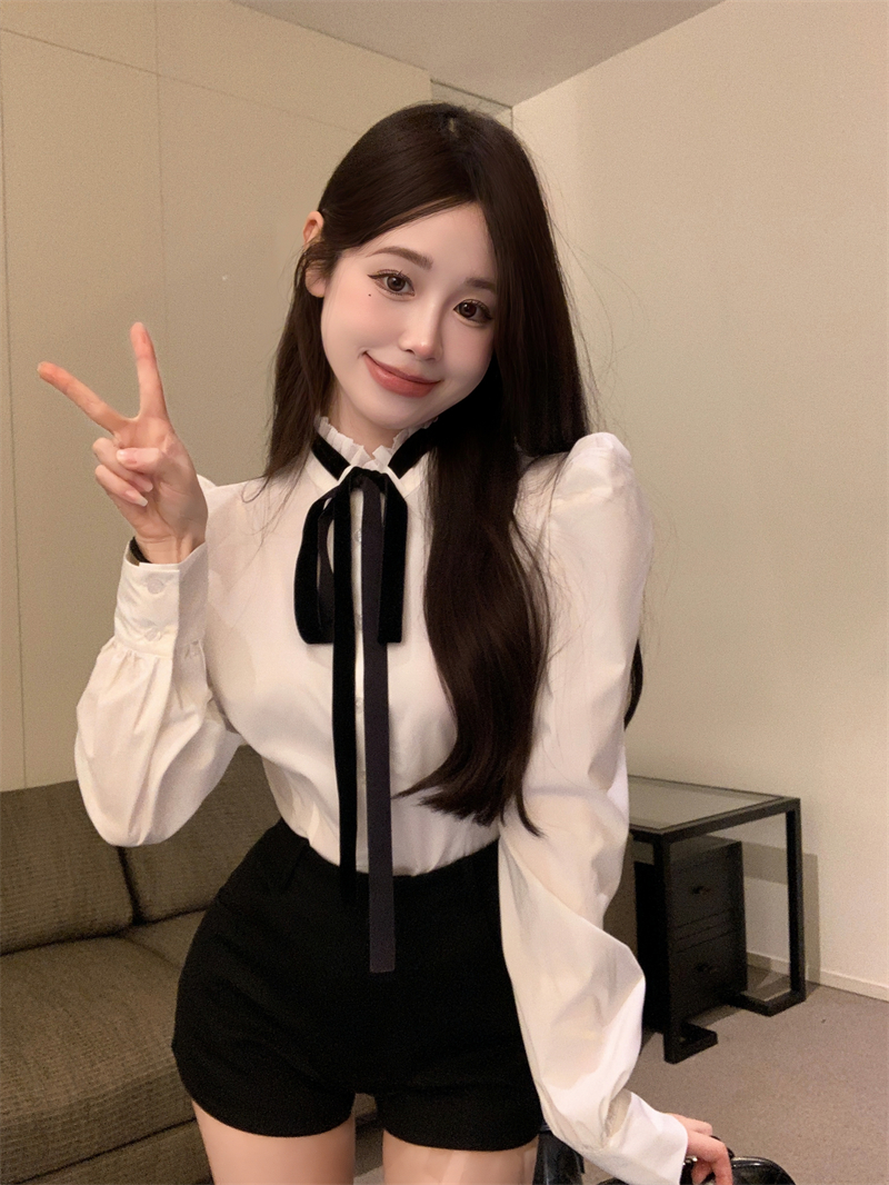 Real shot real price white court style shirt women's exquisite stand-up collar slim slim niche chic top
