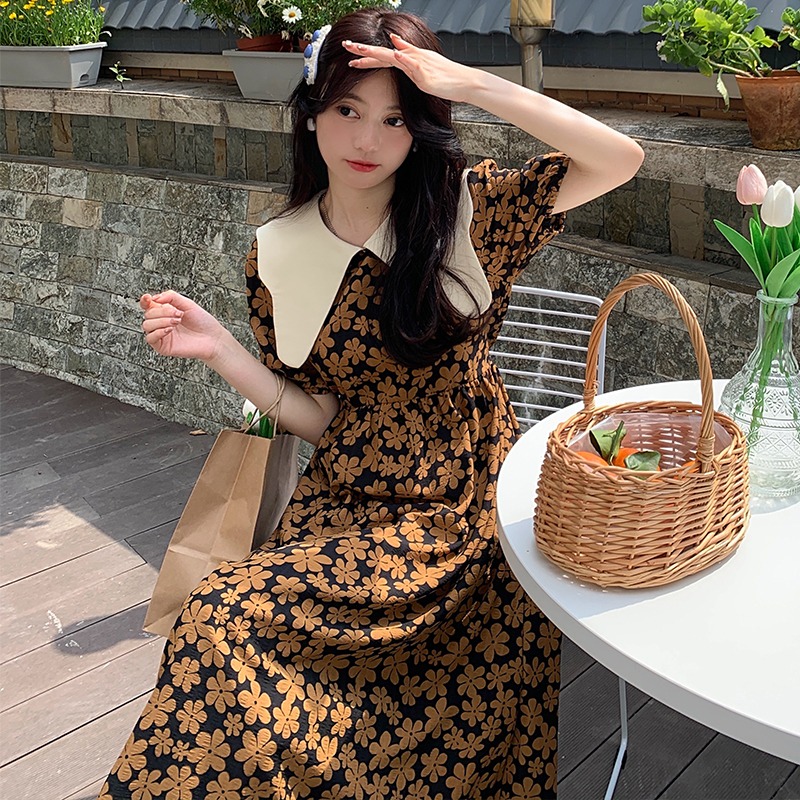 Summer French retro doll neck dress bubble sleeve loose high waist Floral Dress