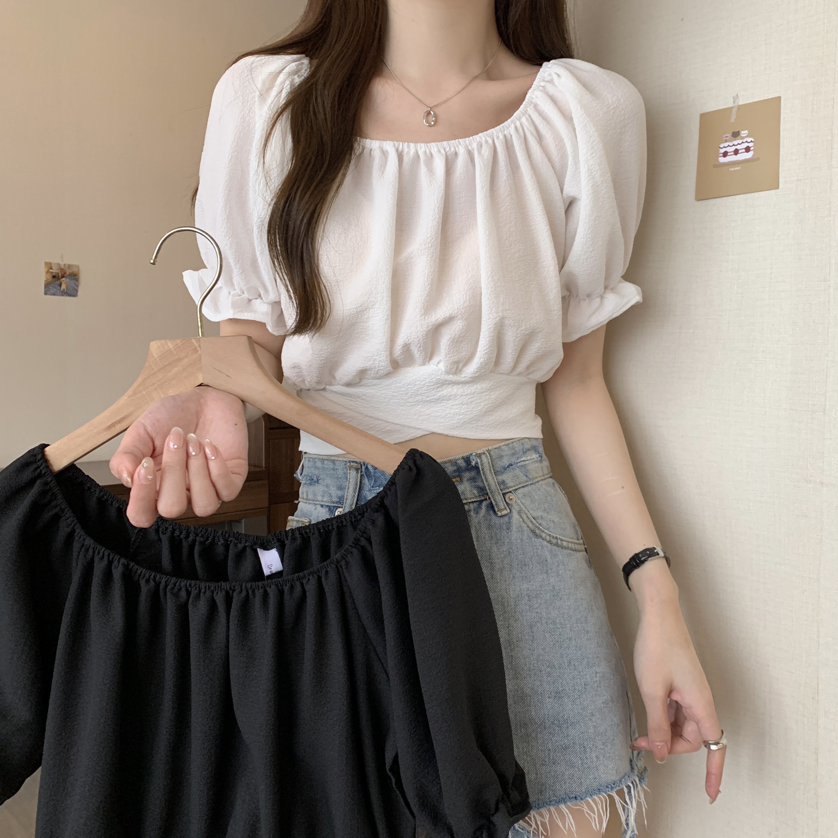 Real shot design niche summer square collar French strap waist exposed short-sleeved shirt trendy white puff sleeve top for women