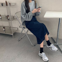 Spring new Korean versatile slim word skirt mid length split denim skirt women's high waist