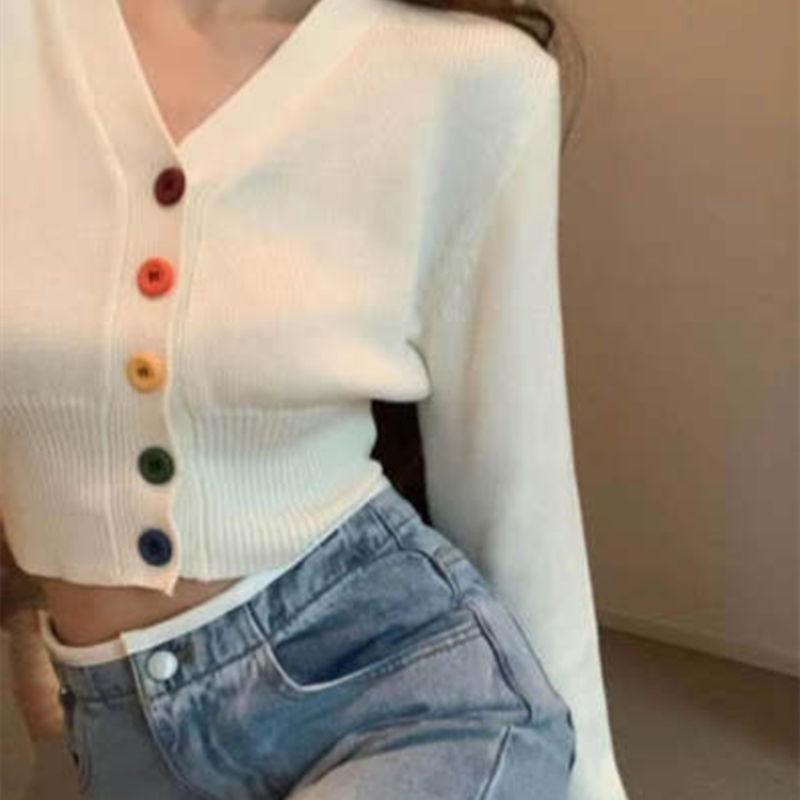 Autumn new girl playful thin color button cotton sweater slim top cardigan fashion coat woman