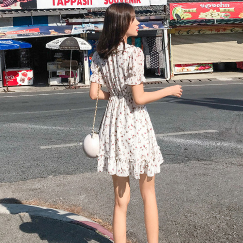 Real size women's wear summer new women's wear small skirt short waist collection temperament Floral Chiffon Dress