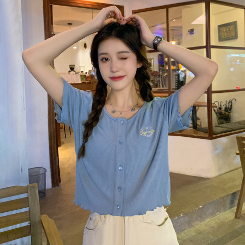 2022 chic wood ear embroidered short sleeve T-shirt women's loose short knitted cardigan top