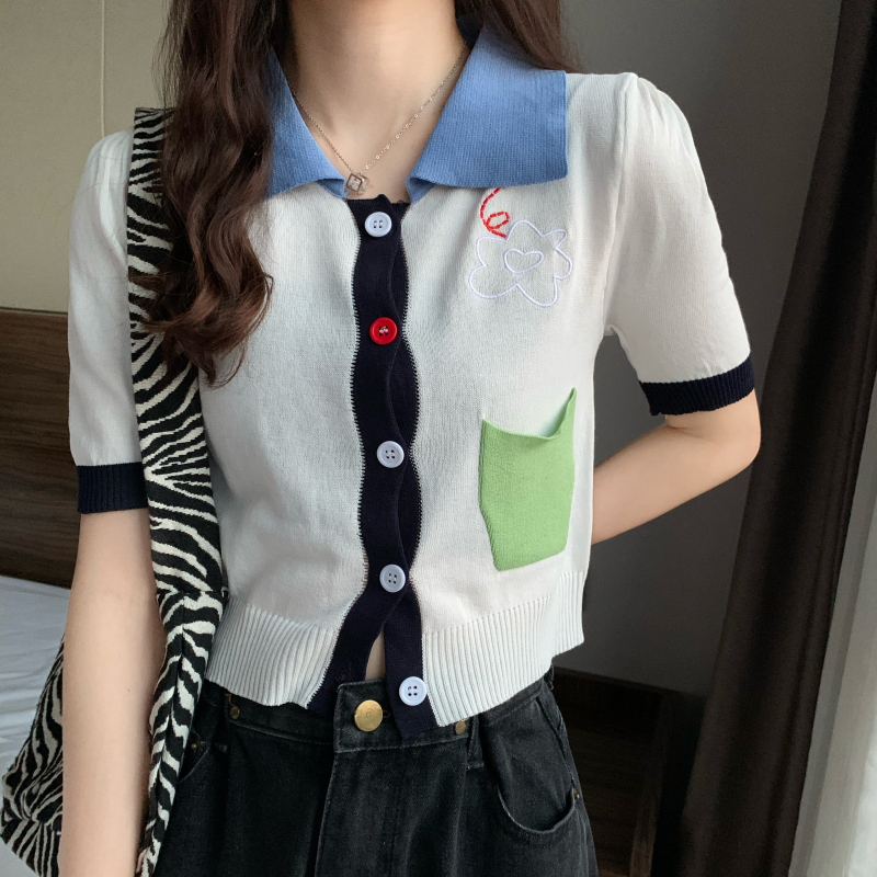 Real price ~ Korean design feeling cute floret polo collar contrast thin summer short Knitted Top