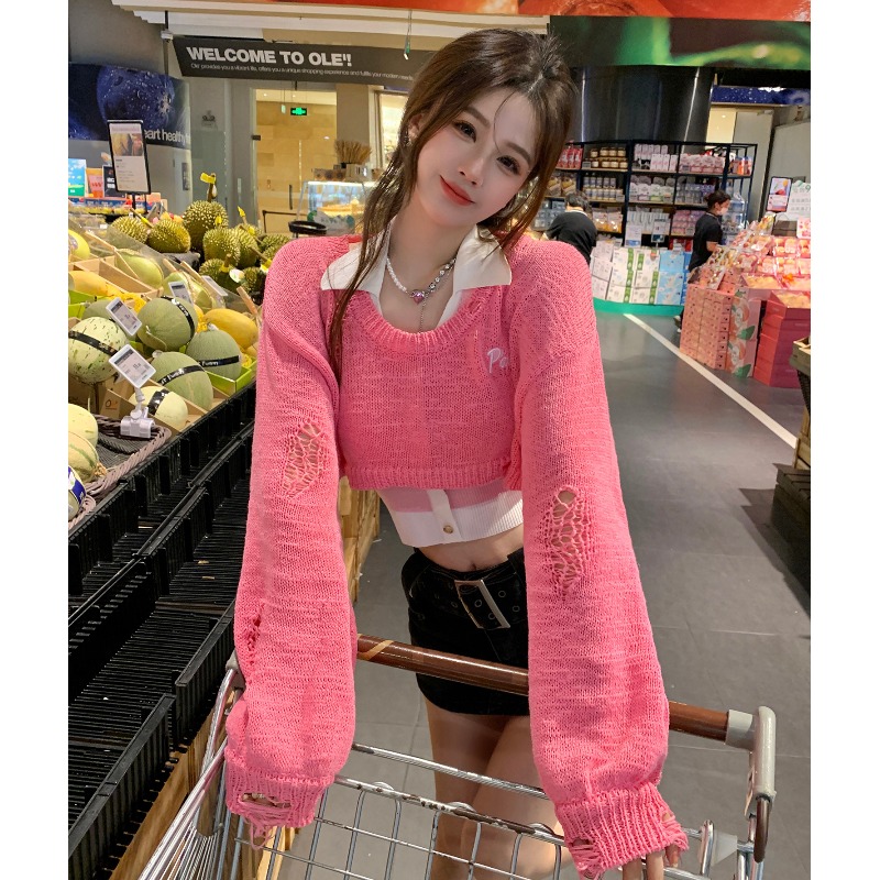 Pink ripped long-sleeved sweater women's autumn and winter new hot girl loose-fitting hollow sweater high waist short top