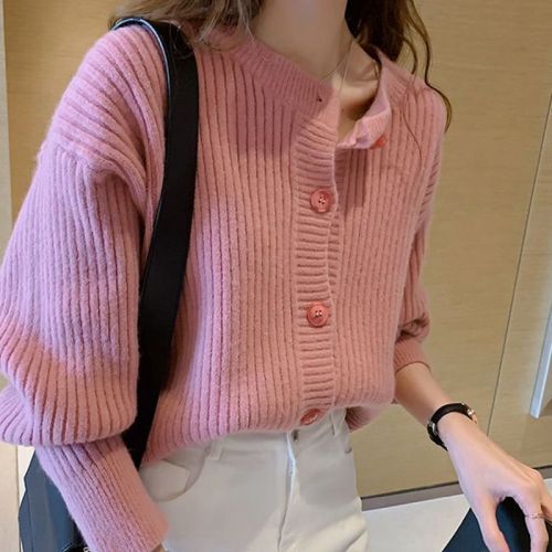 Spring and autumn 2020 new Korean Slouchy style single breasted crew neck versatile short Knitted Top Cardigan Jacket Women