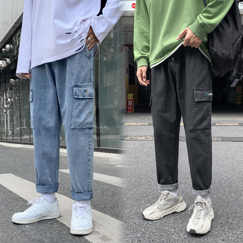 Autumn Hong Kong Style Korean jeans men's loose fitting student's trend straight pants Capri Pants Large Men's pants
