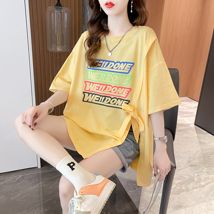 Real shooting of fried Street trend Korean cotton medium long loose new printed short sleeved T-shirt women's large women's blouse