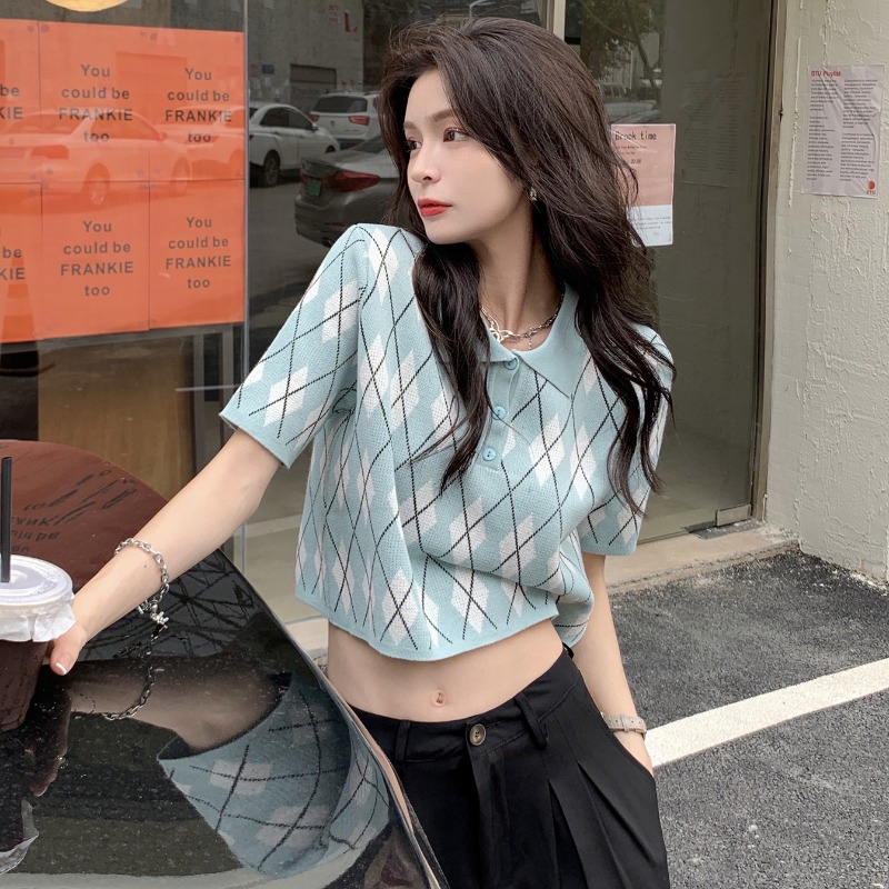 American ins Vintage diamond check polo collar top women's summer niche short sweater 2021 new clothes