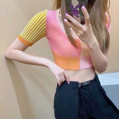 Lin Chao Zhang spring new style Pullover slim fit sweater short sleeve French vertical stripe top female