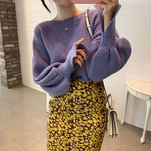 Elegant style Lantern Sleeve split knitted sweater