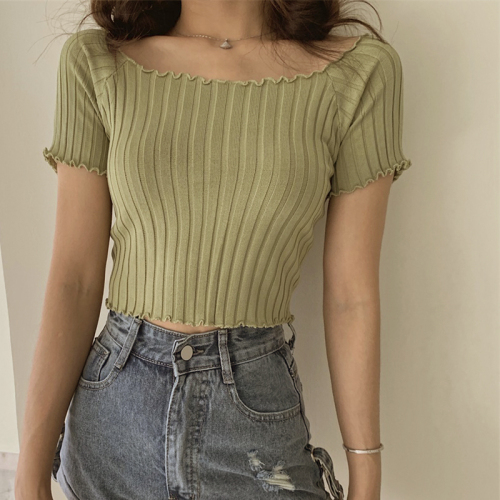 Knitted T-shirt short sleeve women's 2020 summer new short clothing fashion temperament show thin and versatile slim sexy thin top