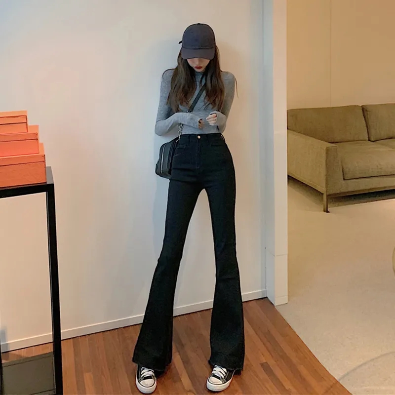 High waist slim jeans women's new autumn students' elastic versatile wide leg flared trousers leisure trousers