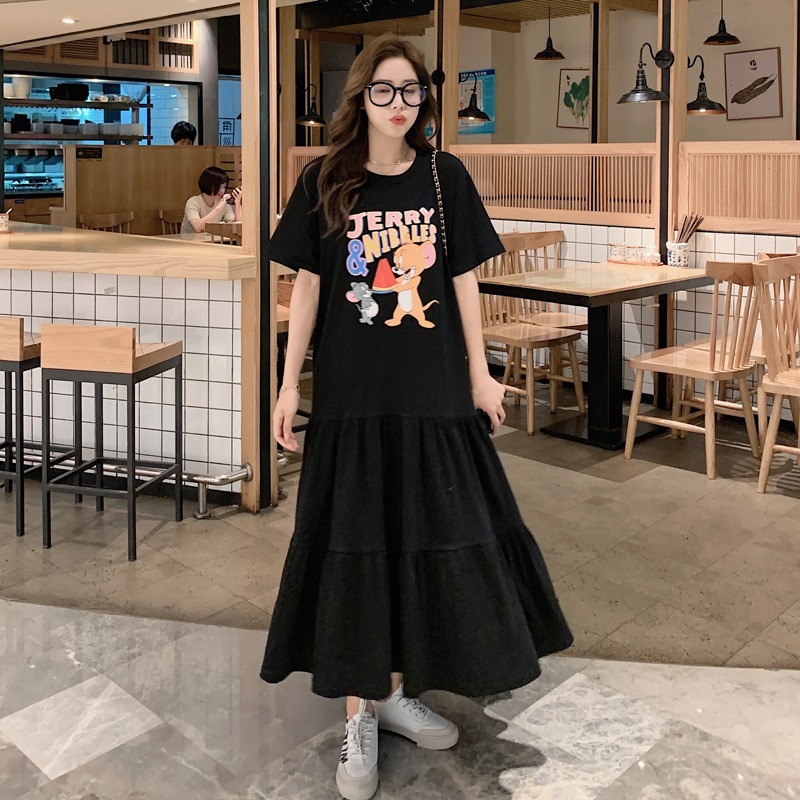 Large women's 2022 summer new cute cartoon stitched dress short sleeve medium long T-shirt women's loose