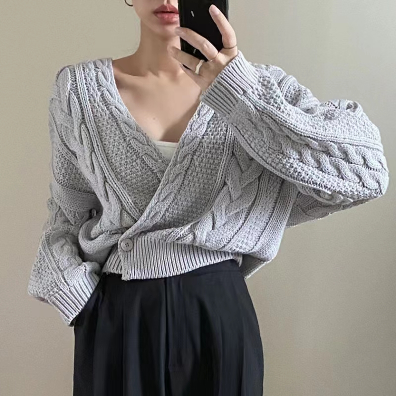 Korean version chic casual chic one button heavy hemp pattern V-neck retro sweater cardigan jacket autumn and winter