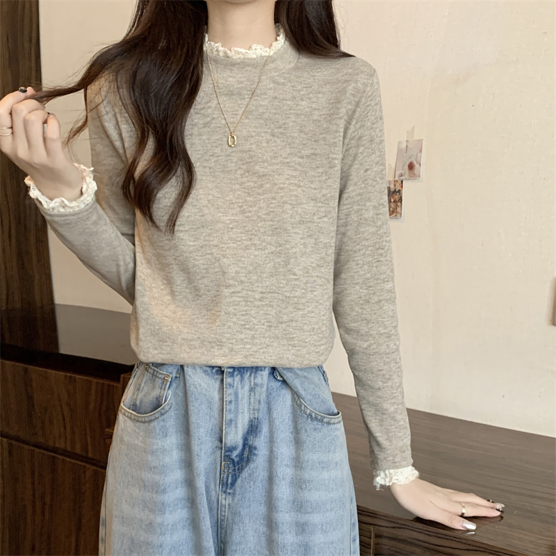 Real price real price Korean version plus velvet thick bottoming shirt women's half turtleneck lace stitching inside long-sleeved T-shirt top women