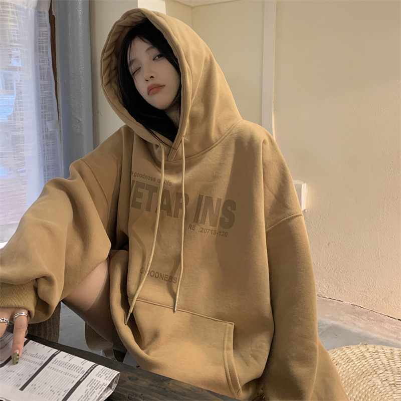 Oversize Korean style loose hooded sweater women's 2022 autumn and winter new chic Hong Kong style fleece hooded top