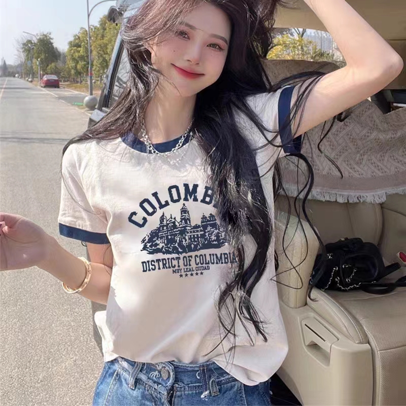 Pure cotton pull frame color-blocking short-sleeved color-blocking printing loose short-sleeved t-shirt for women