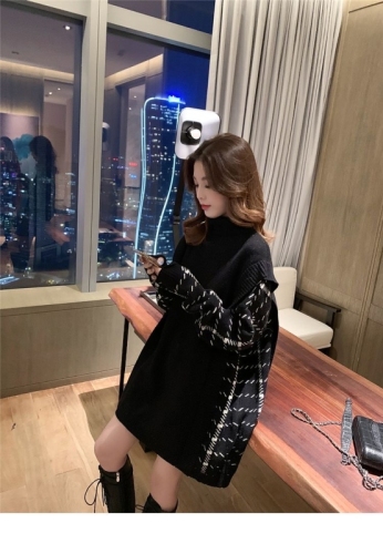 2020 winter new Korean high collar stitching fake two piece medium length sweater women's loose and lazy sweater skirt