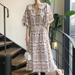 Ethnic style printed baby collar with cut out lace stitching drawstring waist short sleeve dress for women