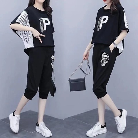 Fat mm sportswear summer clothes new fat mm large women's casual Capris short sleeved loose two-piece set