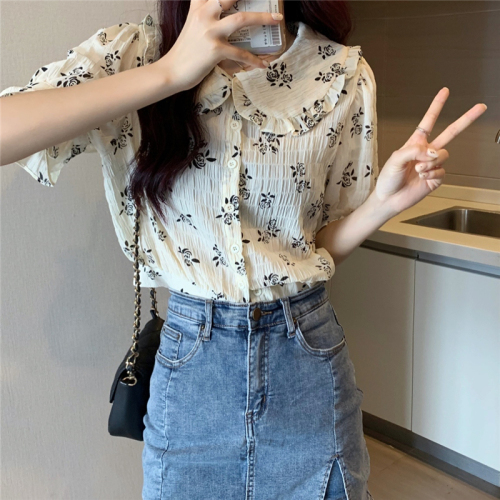 Real price French soft floral shirt women's design baby collar bubble sleeve short top