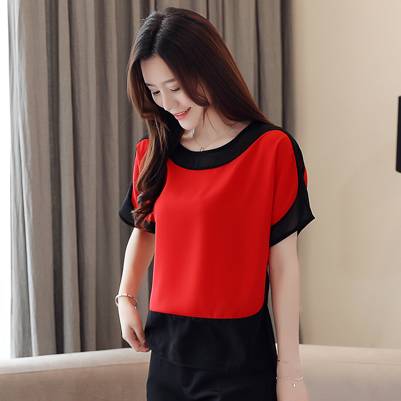 Real shot of belly-covering chiffon shirt women's summer new foreign style bat short-sleeved loose and thin bottoming top
