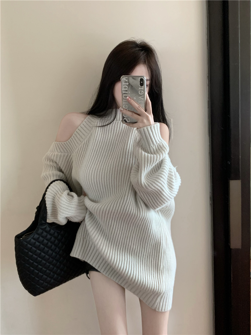 Real shot real price love hollow sweater women's atmosphere loose and lazy style off-the-shoulder knitted top
