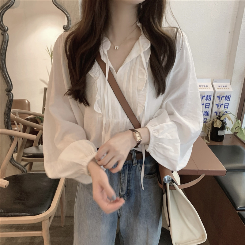 Real shot real price Korean style temperament V-neck white long-sleeved top with straps and splicing wood ear design loose shirt