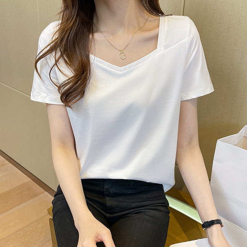 Real shooting pure cotton short sleeved T-shirt women's wear 2022 new summer half sleeved V-neck top white loose fashion