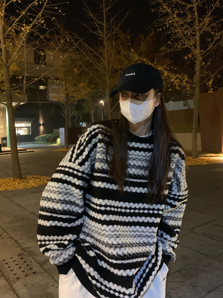 Striped pullover big sweater women's autumn and winter loose outerwear oversize lazy wind top mid-length new style