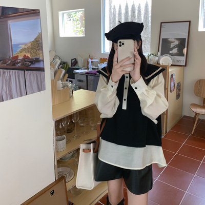 Autumn and winter new contrast color stitching doll collar shirt women's niche design small shirt shirt fake two-piece top