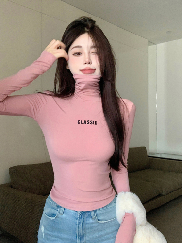 Real auction real price letter embroidery plus velvet turtleneck bottoming shirt women's slim pile collar long-sleeved T-shirt top