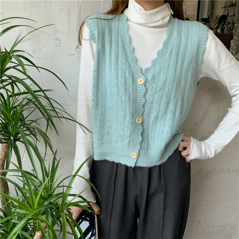 Real shot real price Korean pile up collar high neck slim knit bottoming shirt + V-neck versatile hollow out knitted vest