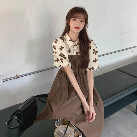 Chic small skirt summer fake two small over the knee long skirt polo collar bubble sleeve Mori Department gentle style dress