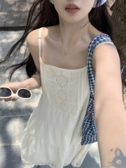 Photographed~ Seaside Vacation Gentle Style Heavy Work Embroidered Lace Edge Camisole Dress Slimming A-line Long Dress