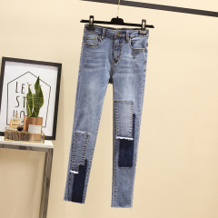 Live shooting 2022 spring new large women's clothing splicing slim high waist denim pants women's small foot pencil pants