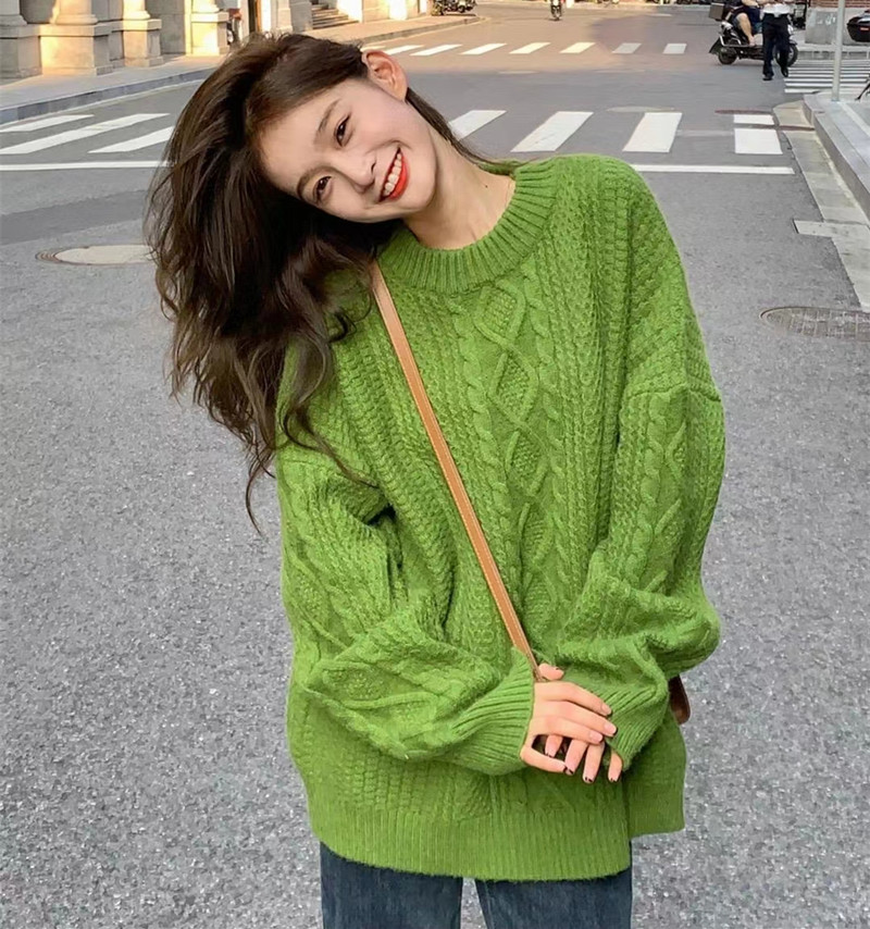 Green twist sweater women's 2022 autumn Korean style lazy style loose and thin pullover all-match knitted top trend