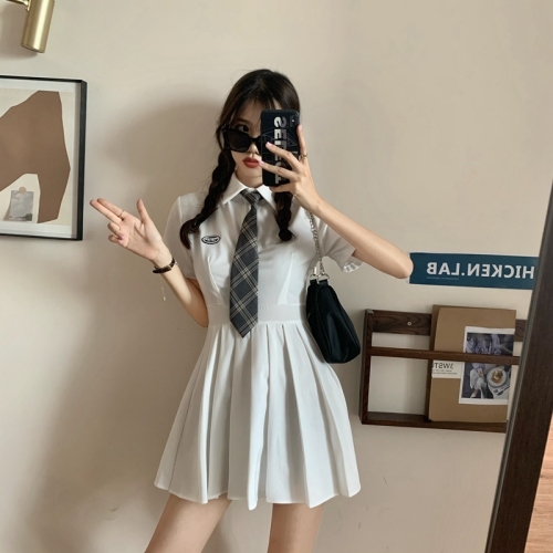 Real shot real price ~ Korean college Polo neckline pleated skirt uniform dress with tie