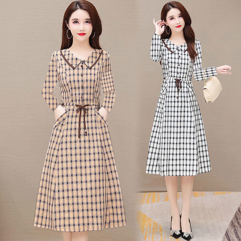 Plaid long sleeved dress women's new style western style early autumn dress medium and long style slim fit with pockets