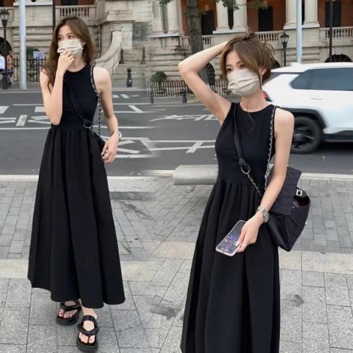 Black vest skirt female summer Korean style retro sleeveless long swing skirt slim temperament dress 2023 new