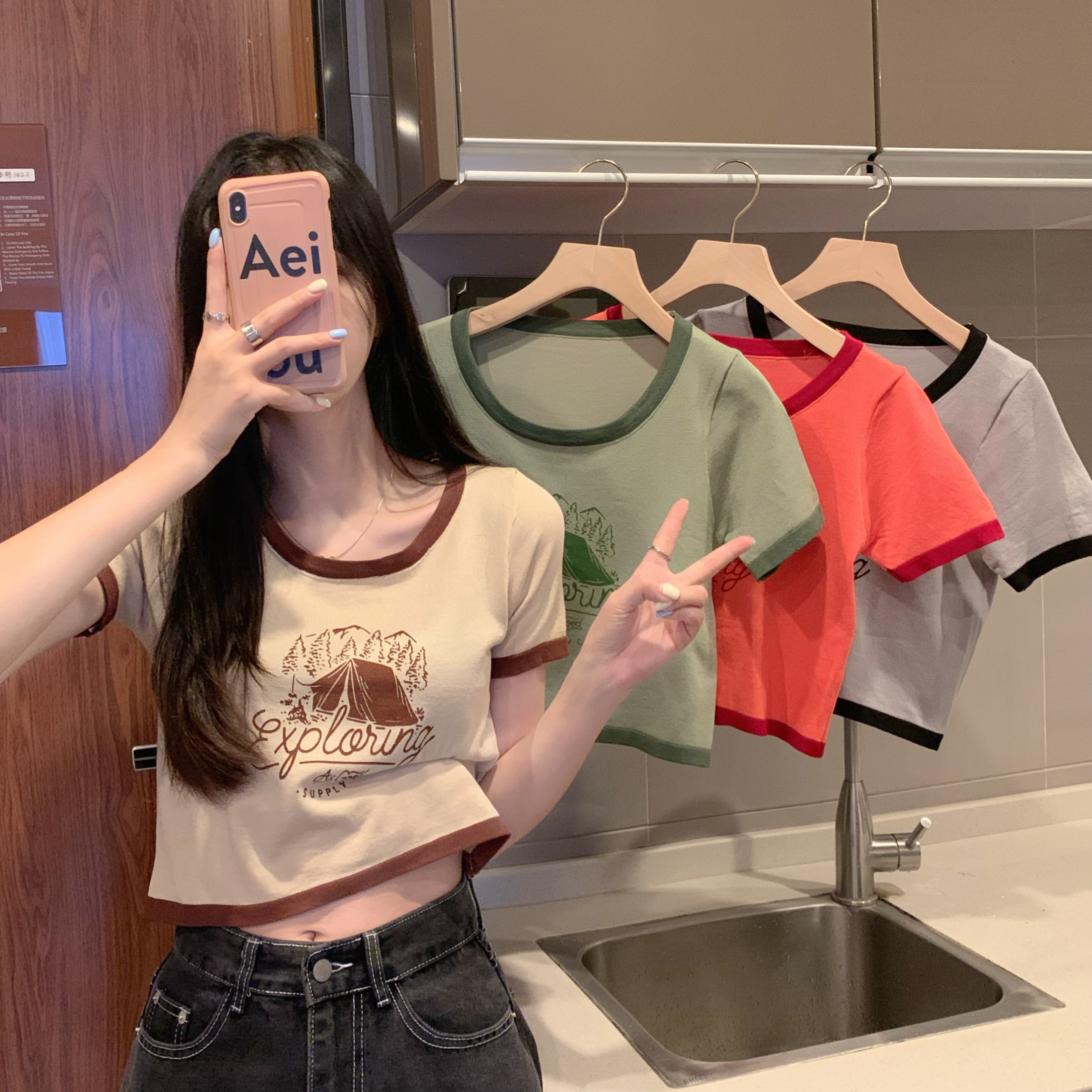 Real price sweet spicy style American letter printing color blocking round neck slim fit short knit T-Shirt Top Women