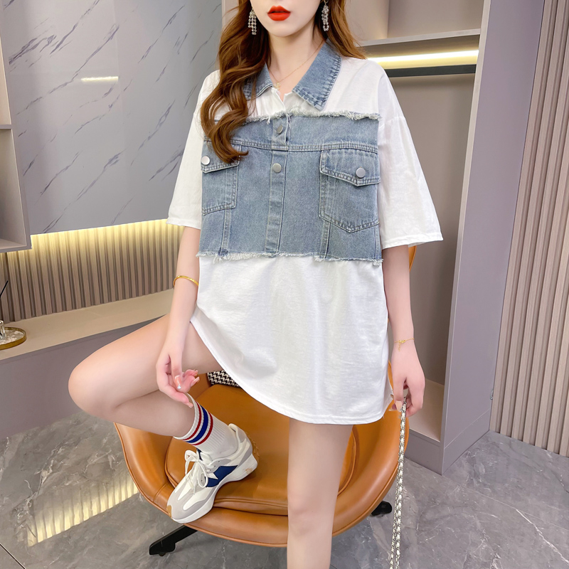Real shot summer 100 cotton denim stitching polo collar pure cotton summer short-sleeved t-shirt for women