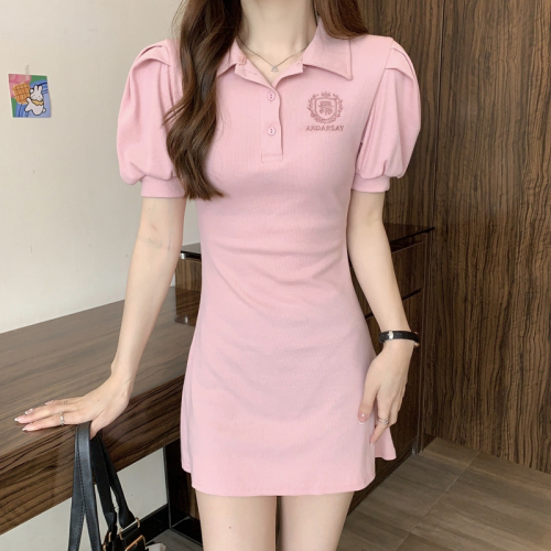 Real shot 2023 summer new sweet and spicy style POLO collar pink dress with waist and puff sleeves T-shirt skirt