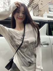 American retro printed knitted T-shirt for women white casual slim design niche long-sleeved top